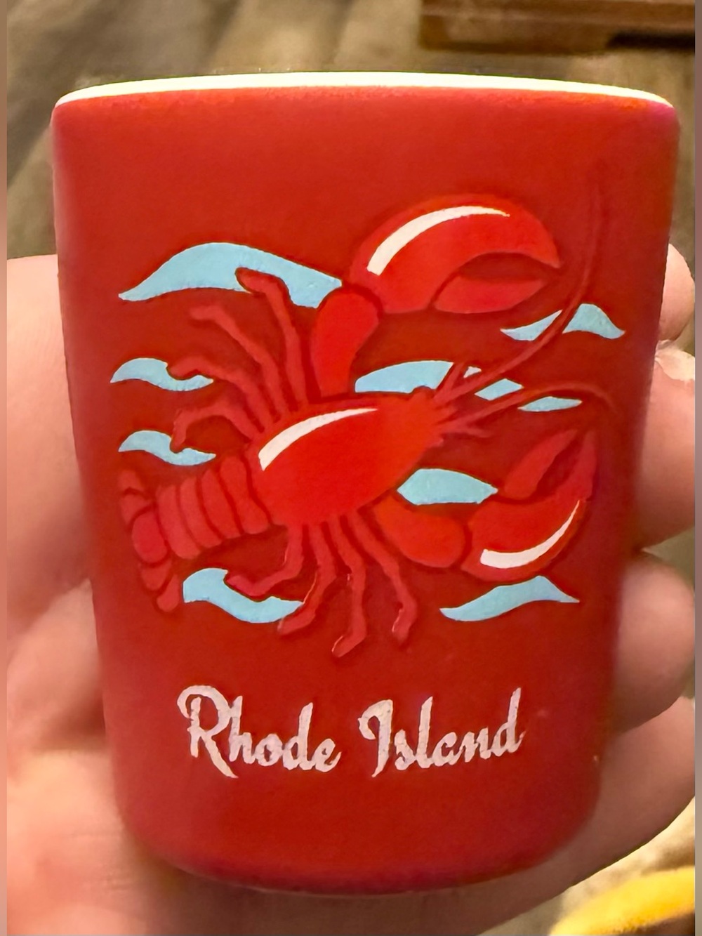 Rhode Island Red Lobster with blue waves Shot Glass
